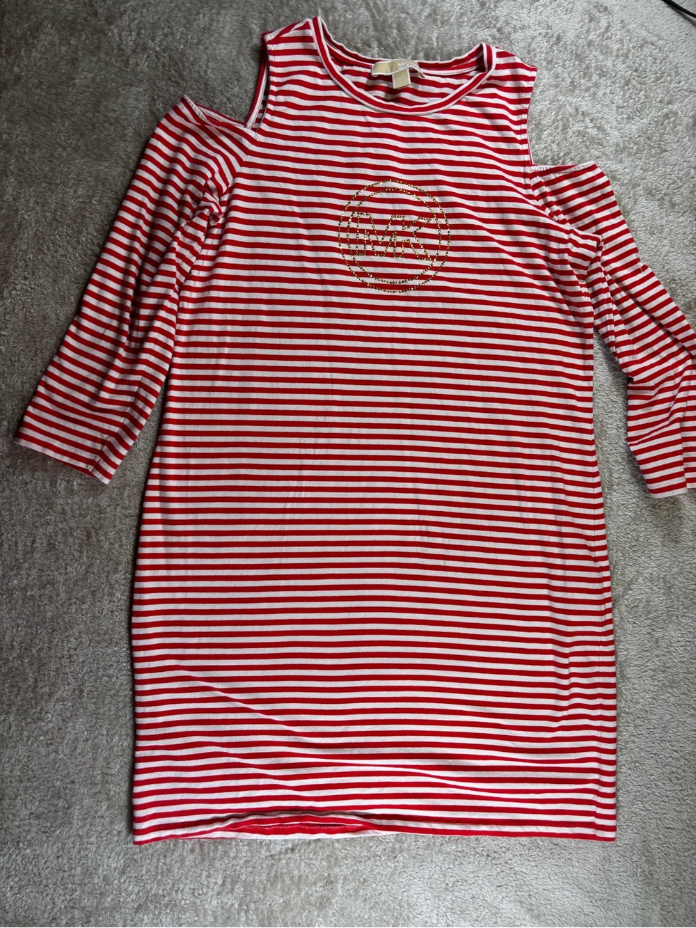 Michael Kors Red and White Striped Cold-Shoulder Dress
